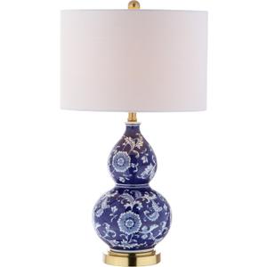 JONATHAN Y 27" Blue/White Ceramic Chinoiserie Table Lamp, Traditional Floral Double Gourd Vase Lamp with White Linen Drum Shade, Brass Gold Base, LED Bulb Included JYL3003A