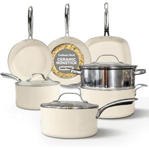 Gotham Steel 12 Pc Ceramic Cookware Set Nonstick, Ceramic Pots and Pans Set Non Stick with Steamer for Cooking, Non Toxic PFOA PFOS Free, Premium Stay Cool Handles, Oven & Dishwasher Safe