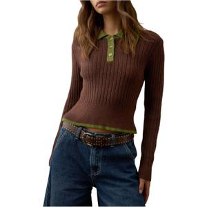 WDIRARA Women's Quarter Button Collared Sweater Long Sleeve Pullover Knit Tops Vintage Knitwear (Brown, M)