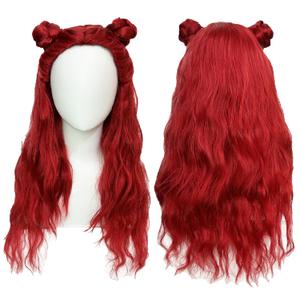 26inches/66cm Red Wig with Braided Bun for Women Long Curly Wigs for Anime Synthetic Hair for Halloween Costume Party Cosplay Wigs with Wig Cap