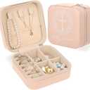 Holy Communion Travel Jewelry Box, First Communion Gifts Jewelry Case for Women, Religious 1st Holy Communion Baptism Gift Small Square Container with Zipper for Rings Earrings Necklaces, Pink (1)