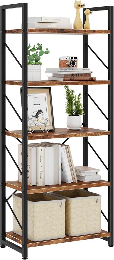 Shintenchi Bookshelf, 5 Tier Bookshelves, Home Office Bookcase Shelf Storage Organizer, Free Standing Storage Shelving Unit for Bedroom, Living Room and Home Office,Rustic Brown