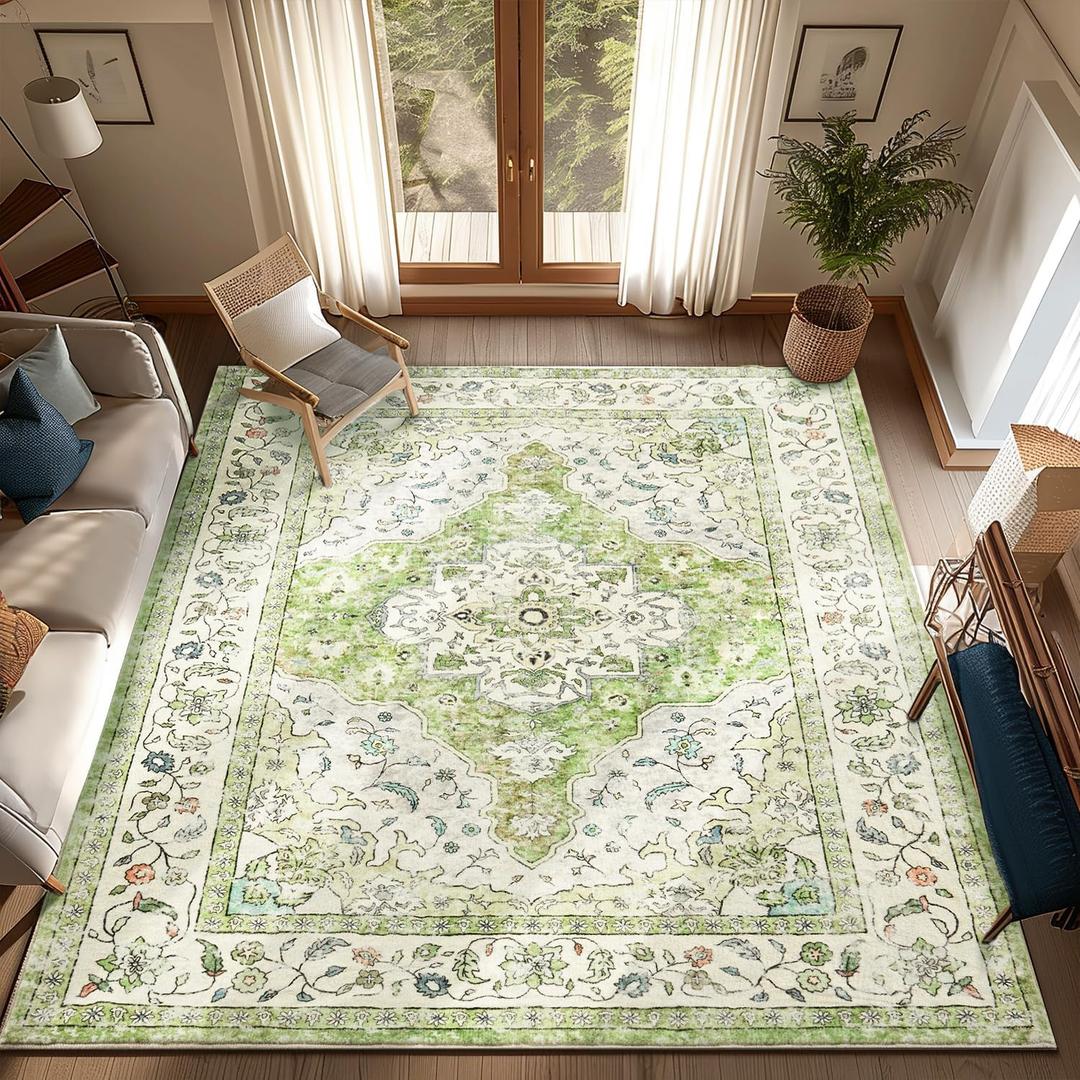 Topllen Washable Area Rug - Area Rug 6'x9' Boho Soft Living Room Rug, Non-Slip Large Area Rugs Indoor for Dining Room Livingroom Bedroom, Vintage Rug (Green, 6x9ft)
