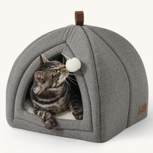 Bedsure Cat Beds for Indoor Cats - 2 in 1 Cat Cave House Tent for Kittens and Small Pets with Removable Washable Cushioned Pillow, Foldable Kitten Hideaway with Non-Slip Bottom, Grey, 16 inches
