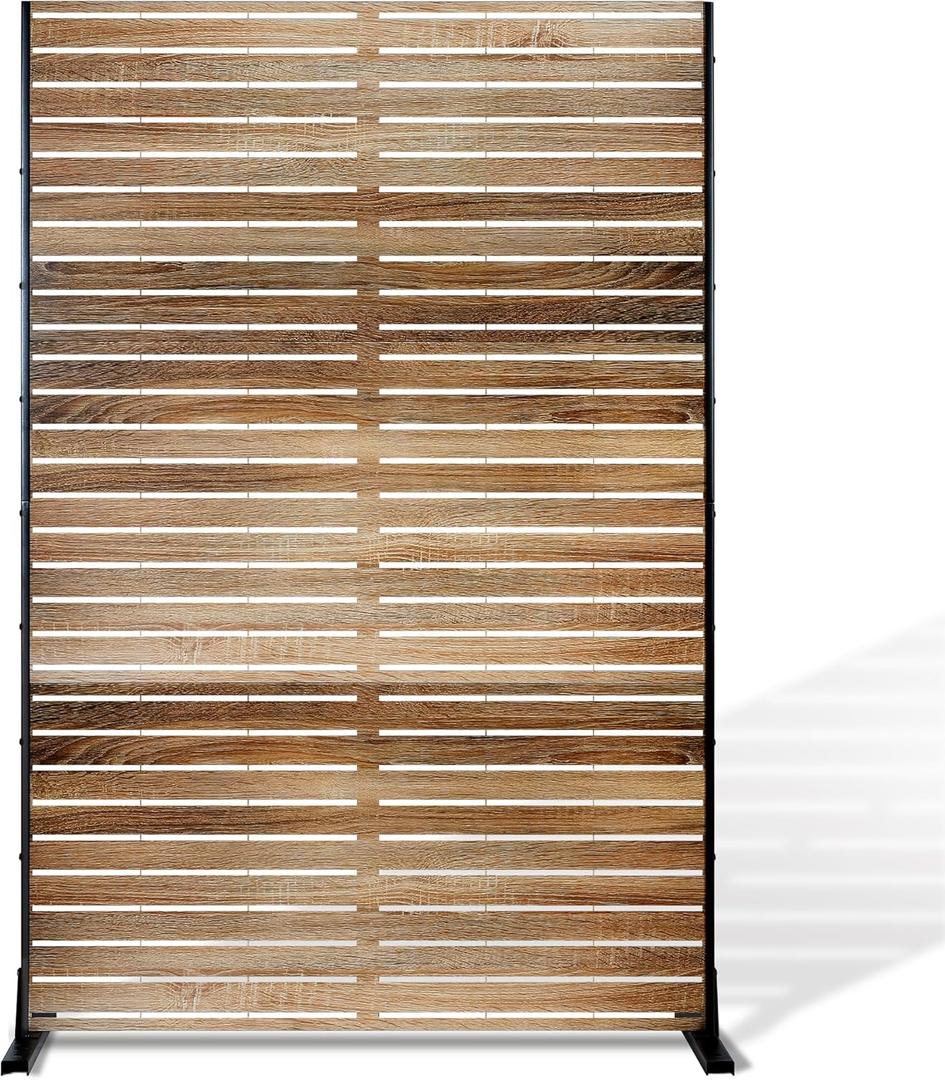 FENCY Metal Privacy Screen 72" H47" W Natural Wood Color Outdoor Privacy Screen, Freestanding Decorative Privacy Fence Panels for Deck Balcony Patio