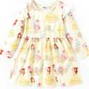 Disney Princess Frozen Elsa Minnie Mickey Stitch Ruffle Sleeve Dress A Line Long Sleeve Kids Clothes Baby to Toddler (6-9 Months, Princess Belle Yellow)