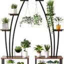 5-Tiered Tall Plant Stand Indoor, Cone-shaped Metal Plant Stand with Wheels and Hanging Hooks, Farmhouse Wood Plant Shelf Indoor for Living Room, Balcony, Garden, Rustic Brown (2 Pack)