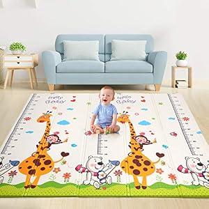 Bammax Baby Play Mat, 0.6IN Thick Playmat Folding Reversible Baby Mat with Carrying Bag, Non-Toxic Soft XPE Foam Floor Mat Large Water-Proof Crawling Mat for Baby, Kids, Toddler, BPA-Free, 77.5x70in