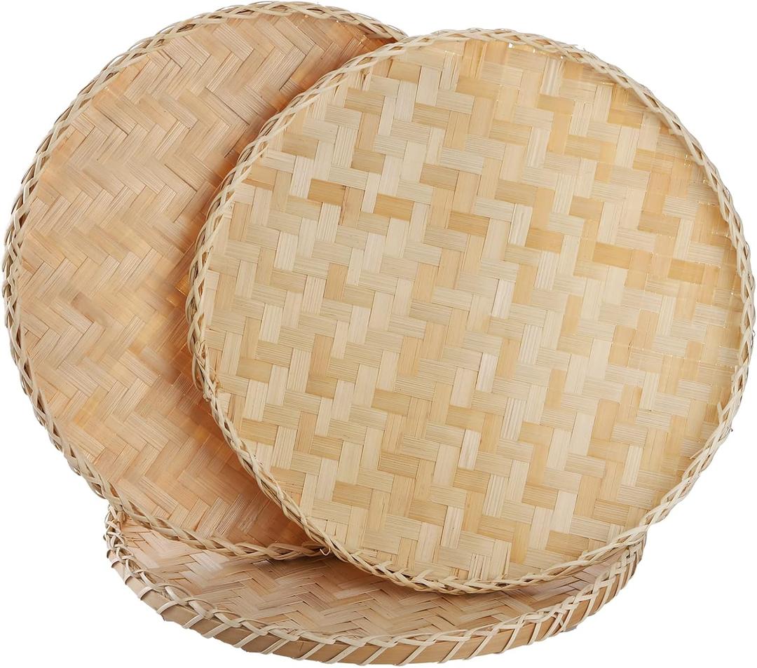 Suwimut 3 Pieces Handmade Bamboo Woven Basket Tray, 13 Inch Round Flat Wicker Baskets, Shallow Food Storage Serving Trays Decorative Wall Hanging Baskets for Breakfast, Fruit, Snacks (Beige)