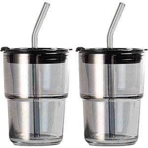 2 Pack 13oz Glass Iced Coffee Cups, Glass Tumbler With Lid and Glass Straw Carry on, Clear Reusable Glass Coffee Mug Thick Wall Insulated Glass Cup（Black）