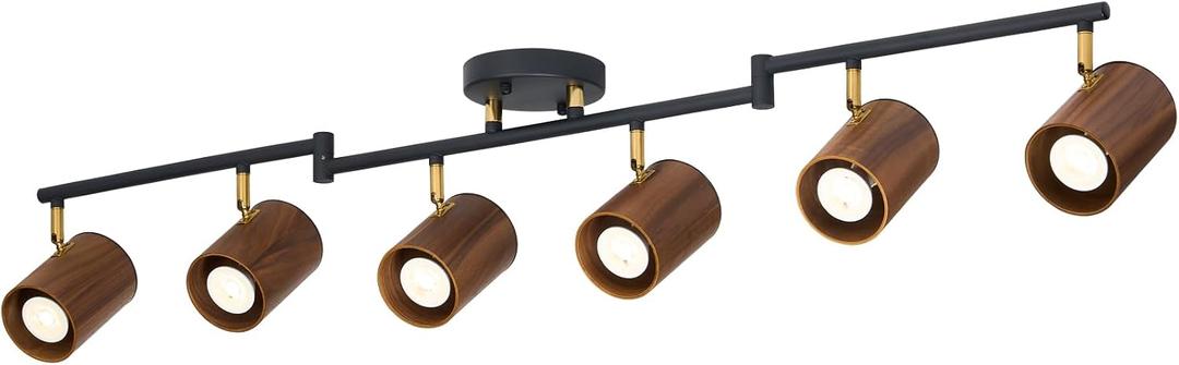 Modern 6-Light Track Lighting, 47 inch, Real Wood Adjustable Light Heads, Brass Accent, Matte Black Ceiling Track Lights for Dining Room, Living Room, Kitchen