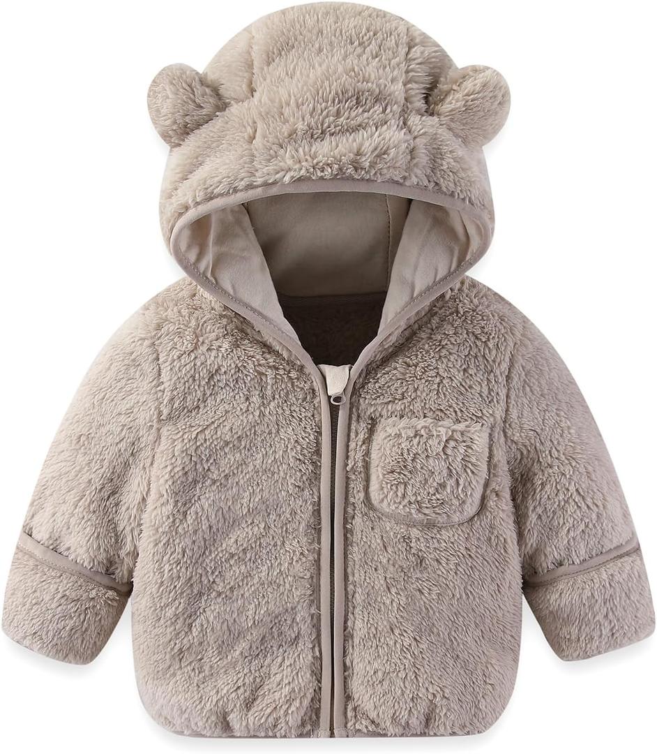 AiWMGL Baby Infant Boys Girls Winter Coat with Fold-Over Mittens Fleece Outwear Jacket Warm Clothes Bear Hooded, Size 6-12M