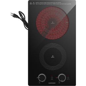 12 Inch Electric Cooktop with 2 Burner,110V-120V, 1800W,Plug in Electric Stove Top,Countertop & Built-in,Glass Radiant Cooktop with 2 Knob & Touch Control,Auto Shutdown,Residual Heat Warning