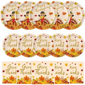 150 Pcs Thanksgiving Plates and Napkins Sets - Happy Thanksgiving Round Tableware, Disposable Fall Turkey Give Thanks Paper Dinner Dessert Plates Dinnerware for Thanks giving Party Supplies, Serve 50