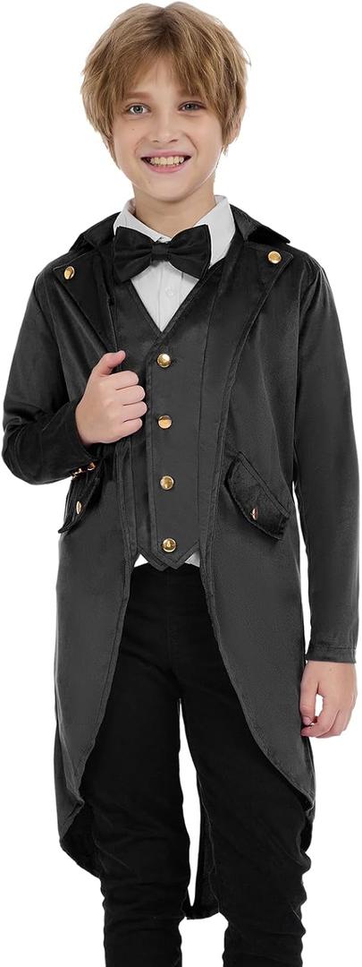 Steampunk Coat Tailcoat,Medieval Clothing Costume,Halloween Renaissance Vampire Costumes (130 (7-8 Years), Black)
