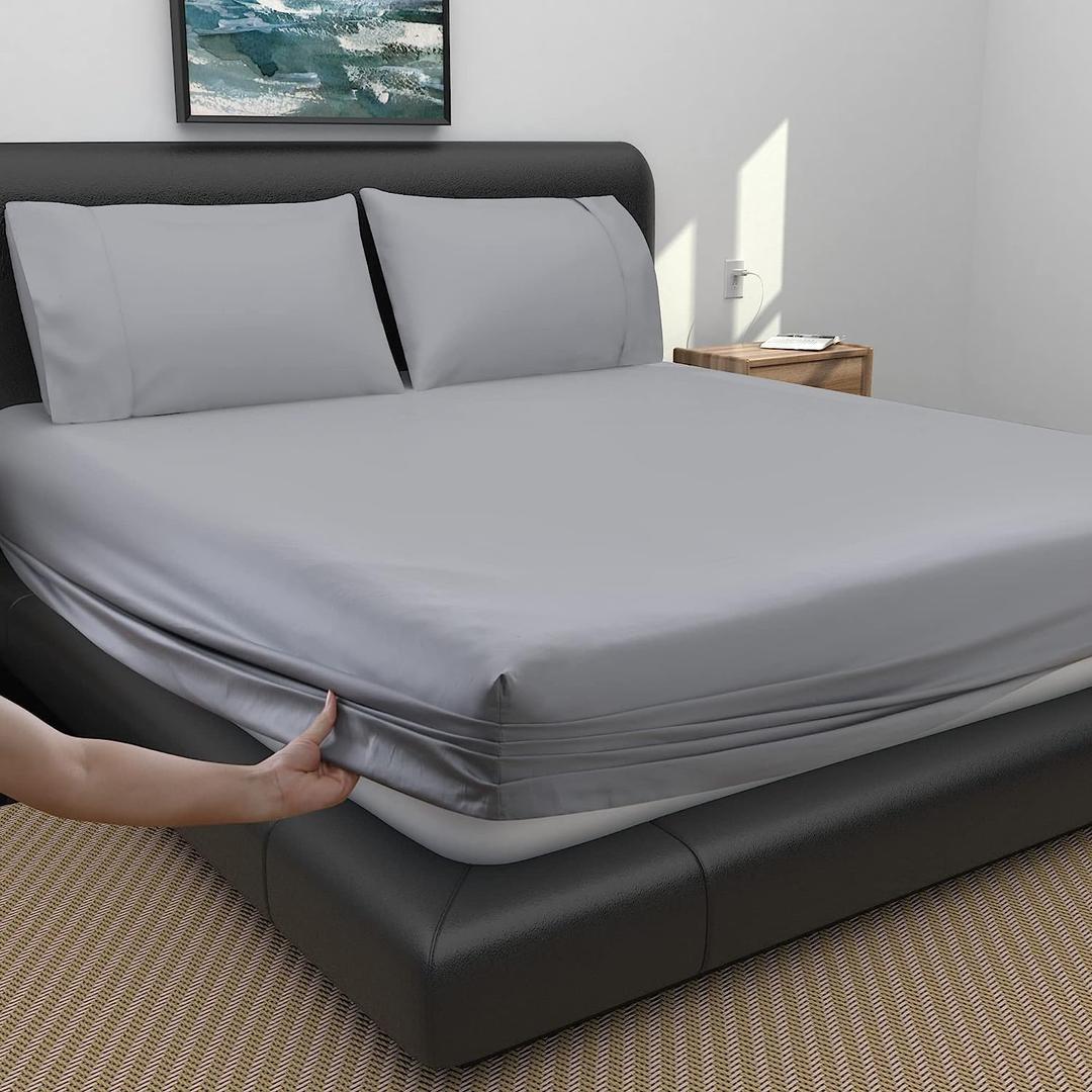100% Egyptian Cotton Fitted Sheet, 18" Deep Pocket & 600 Thread Count Breathable Bottom Sheet (1 Fitted Sheet Only, Gray, King)