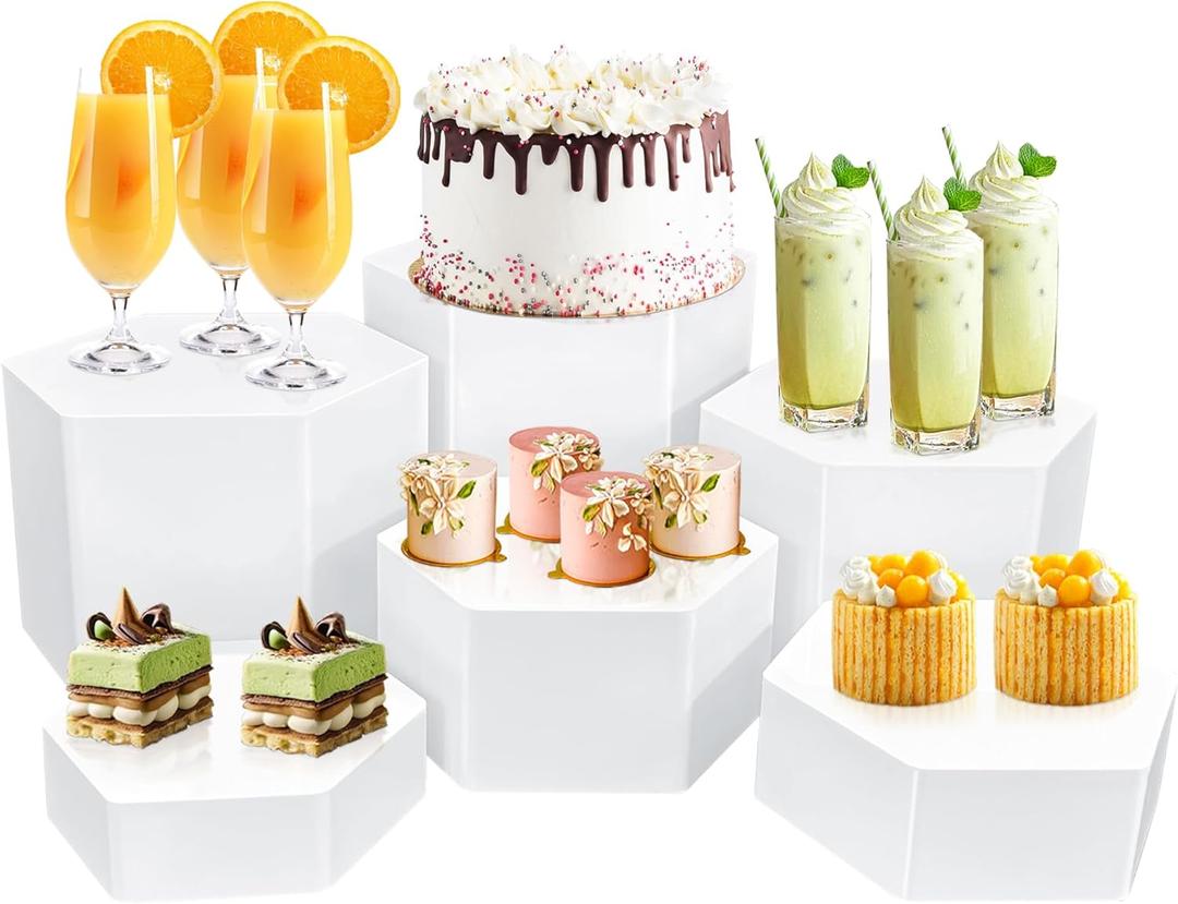 6 Pcs Buffet Risers, Dessert Stands, Acrylic Boxes for Display, Hexagonal Jewelry Showcase, Riser Display Cases Acrylic Display Base (White)