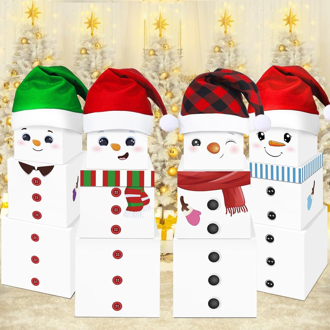 MotiMind 16 Pcs Christmas Snowman Stackable Gift Boxes with Hats in 4 Designs Stackable Snowman Gift Box Tower Xmas Nesting Box for Gift Wrapping Party Decor Christmas Stacking Gift Boxes