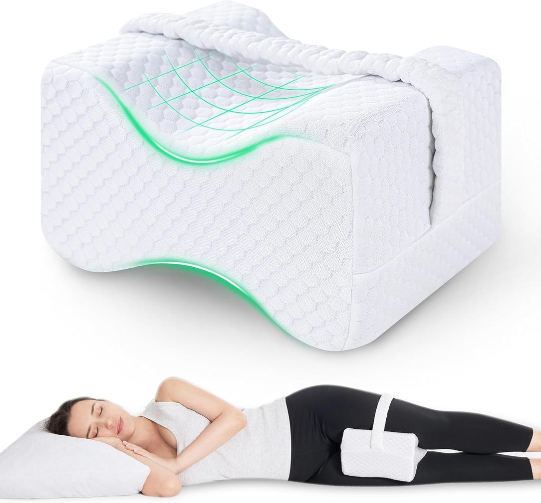 Knee Pillow for Side Sleepers with Straps, Charcoal Memory Foam Leg & Knee Pillow for Hip Pain, Back Pain, Sciatica Pain Relief, Pregnancy, Knee Support Pillow for Sleeping (Standard, White)