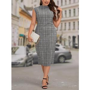 Women's Plus Size Houndstootn Print Midi Dress Mock Neck Sleeveless Pencil Dresses (Black, XL)