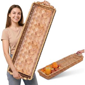 38" Extra Long Handwoven Decorative Tray with Wood Base and Handles | Handwoven decorative tray with a sturdy wood base, perfect for dining tables and seasonal centerpieces