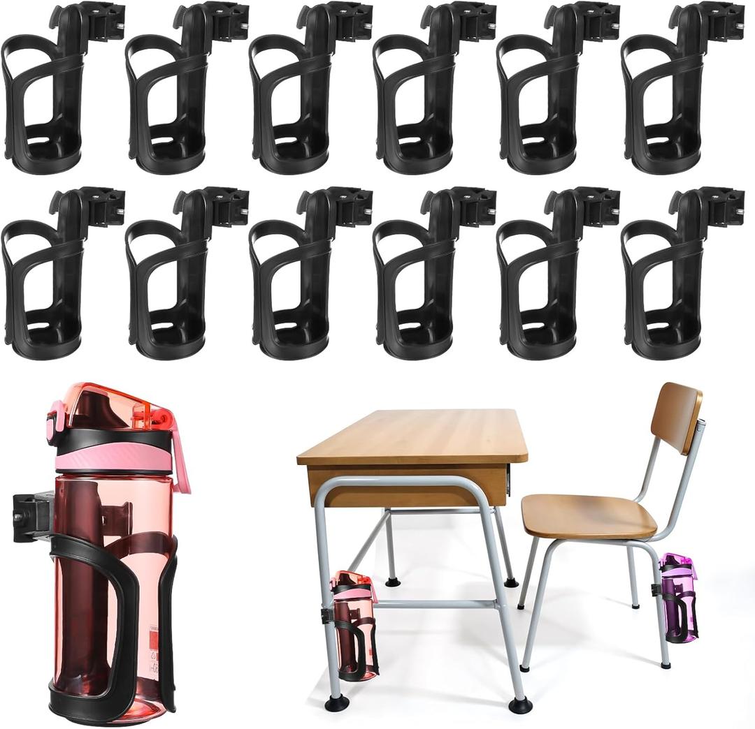 12 Pcs Water Bottle Holder for Classroom Chair, Adjustable 360 Rotating Anti-Spill Cup Holders for Students, Tree Stand Cup Holder Clamp Design for Hunting Bike Stroller Walker Fishing
