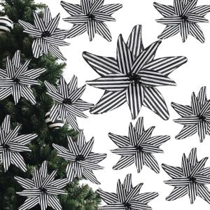 6 Pcs 12 Inch Black and White Stripes Christmas Poinsettia Flowers with Stems Large Artificial Stripe Poinsettia Christmas Tree Flower Ornaments for Halloween Holiday Wreath Garland Decor 