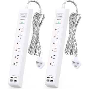 2 Pack Power Strip Surge Protector - 6 Outlets 4 USB Charging Ports, 5Ft Braided Extension Cord, Flat Plug, Overload Protection, Wall Mount for Home Office, Dorm Room Essentials White