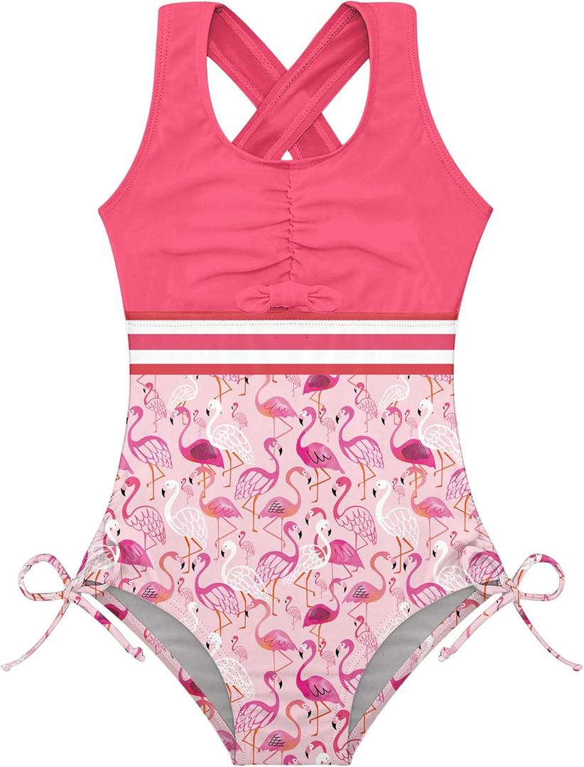 BFUSTYLE Girls One Piece Swimsuit Cute Striped Bathing Suit Hawaii Swimwear 6-17 Years (12-13 Years, Flamingo-3)