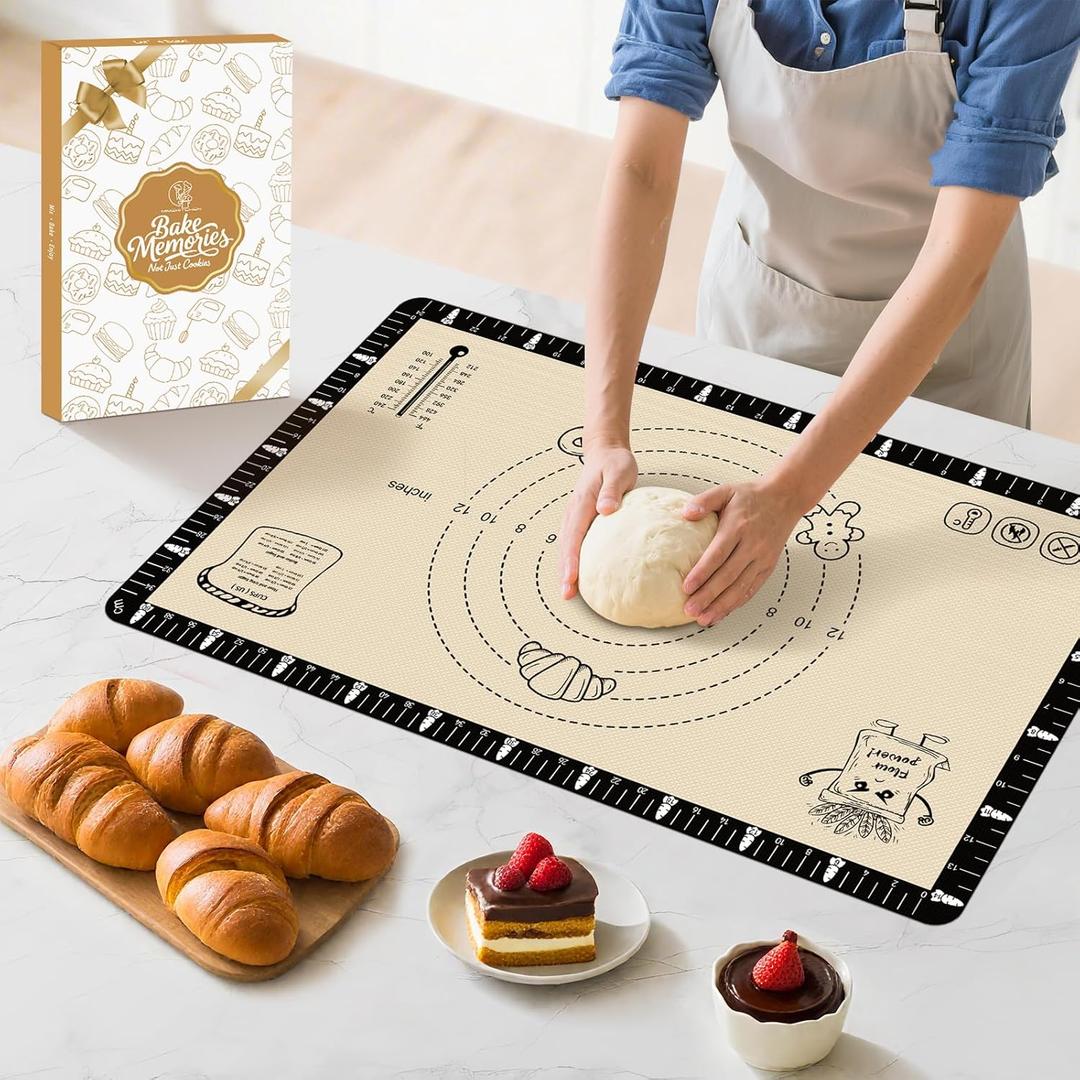 Silicone Macaron Baking Mat with Recipes, Silicone Mat for Baking Bread, Pizza, Extra Thick Silicone Baking Mat with Measurement, Non Stick Pastry Mat for Dough Rolling Out (Dark Black)