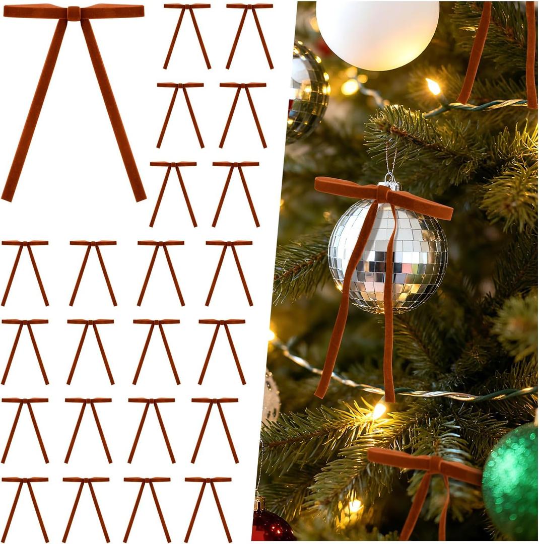 2 x 30 Pcs Brown Velvet Ribbon Bows for Christmas Tree - 5 x 7 Inch Vintage Rustic Ribbon Bows for Door Garlands, Gifts, and Xmas Home Outdoor Indoor Decoration