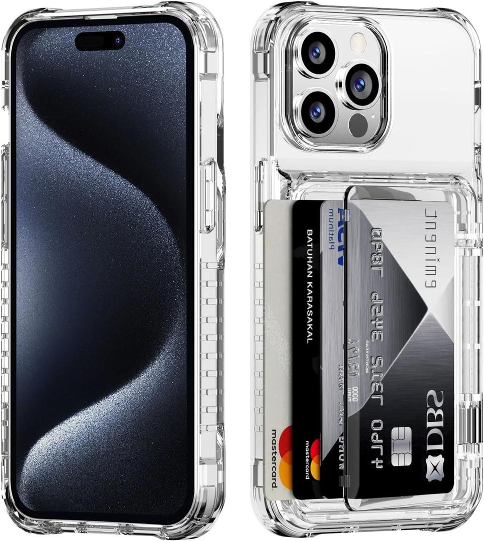for iPhone 15 Pro Case Wallet Clear Protective Phone Case with Credit Card Holder Heavy Duty Protection Shockproof Anti-Scratch Anti-Yellow Cover for iPhone 15 Pro 6.1 inches Transparent