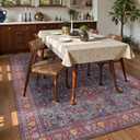Washable Area Rug 9' x 12' Vintage Traditional Persian Mat - Foldable Distressed Non-Slip Machine Washable Carpet for Living Room Bedroom Kitchen Home Decor - Indigo and Crimson