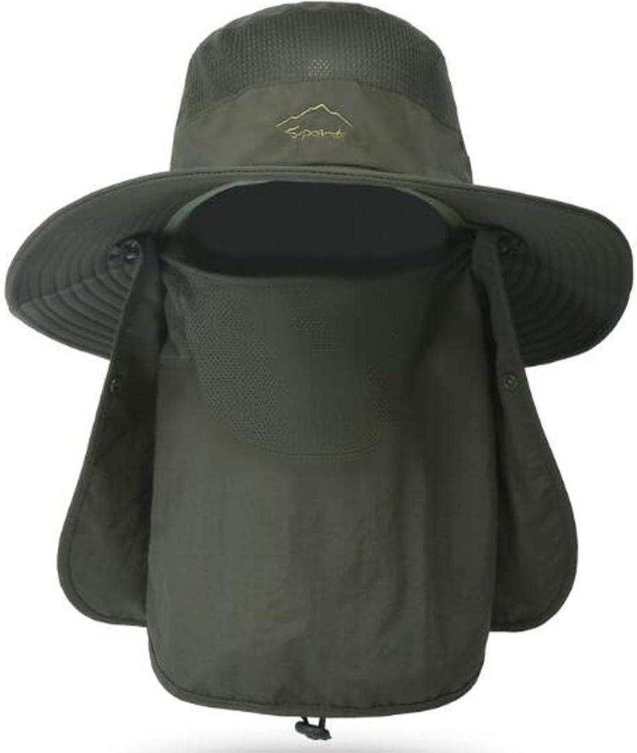 Fishing Hat for Men & Women, Outdoor UV Sun Protection Wide Brim Hat with Face Cover & Neck Flap (Medium, Army Green)