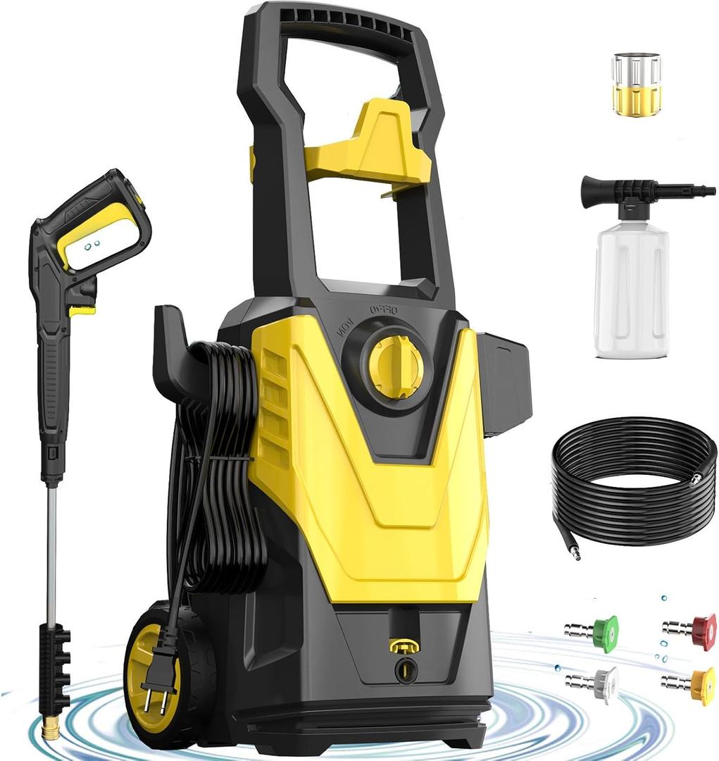Electric Pressure Washer, 4800PSI Max 3.0GPM Power Washer Electric Powered with 20FT Hose, 35FT Power Cord, 4 Nozzles Foam Cannon High Pressure Washer for Car Patio Garden Fences(Yellow)