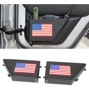 2 Pack Metal Rear Door Storage Box with USA Flag Logo Compatible with Jeep Wrangler JK JKU 2011+ 4 Doors,Door Side Insert Organizer Packet for JK Interior Door Storage Expansion Accessories