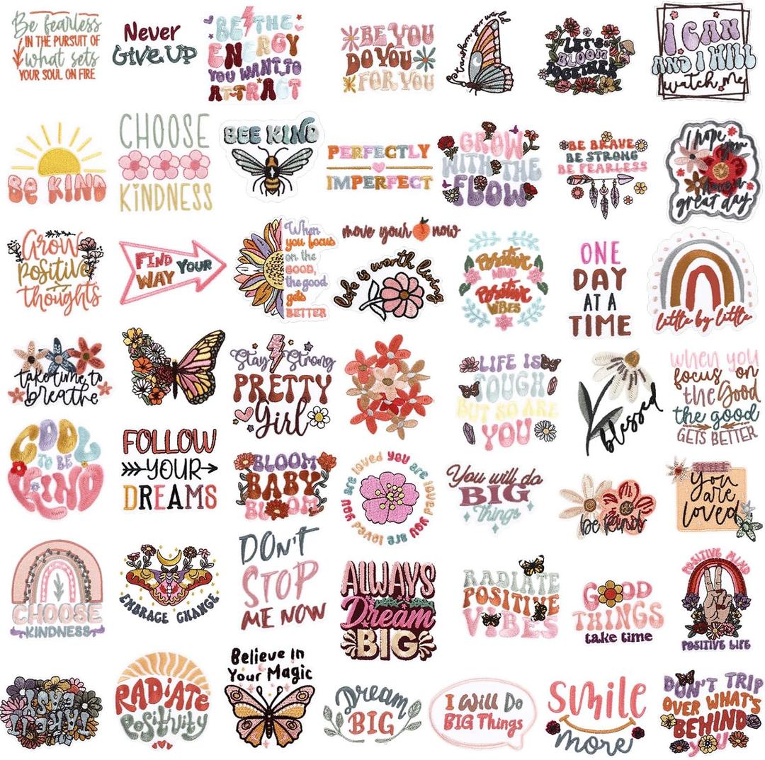 Wavwavw 50 Pcs Bohemia Positive Patches Motivational Patches Embroidered Applique Retro Boho Sew on Hippie Style Iron on for Clothes Hats Backpacks Jackets Accessories