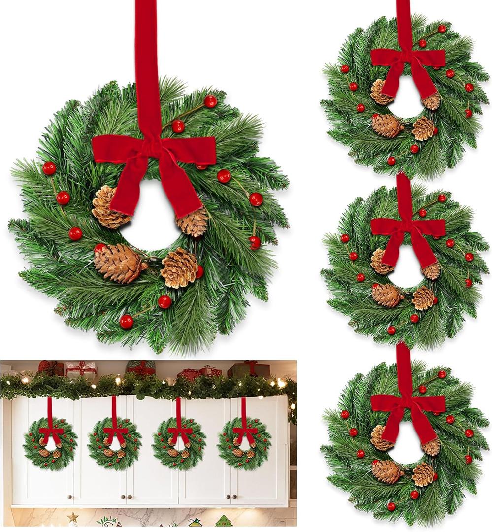 4 Pcs Mini Christmas Wreath for Cabinets Kitchen, 12 Inch Small Christmas Wreaths with Lifelike Norfolk Pine Aspen Fir Tips Cones Red Berry Bow Xmas Door Wreath for Front Door Porch Wall Window Indoor