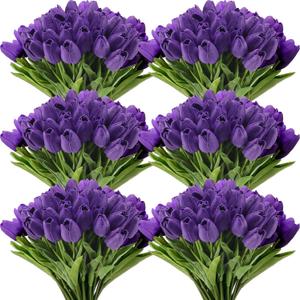 Janinka 50pcs Artificial Tulip Flowers Fake PU Tulips Faux Latex Bouquet Flower Centerpieces Arrangement Floral for Mother Day Wedding Spring Decorations (Dark Purple)
