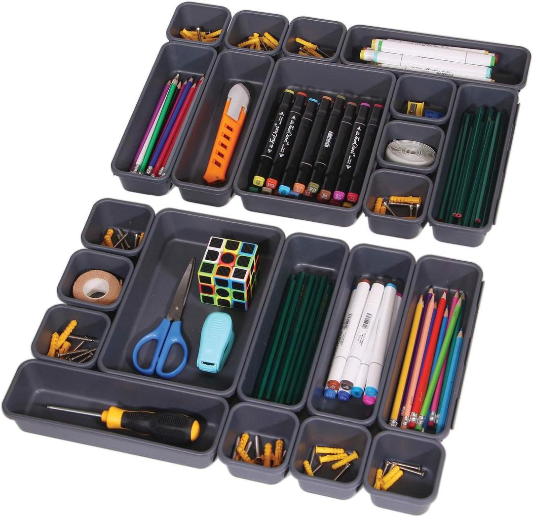 Set of 22 Interlocking Desk Drawer Organizer Tray Dividers Plastic Shallow Narrow Drawers Organizers Separators and Storage Bins Container for Kitchen Bathroom Makeup Office Vanity Bedroom Dresser (Black)