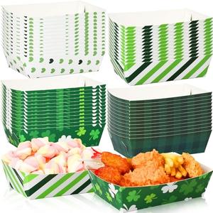Dunzoom 24 Pcs St Patrick's Day Paper Plates Food Trays Green Shamrock Bowl Disposable Irish Clover Nacho Hot Dog Snack Candy Containers Serving Boat for Saint Patty's Day Party Supplies Decoration