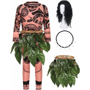 5 Pcs Maui Costume Kids Set with Wig Necklace Ocean Theme Cosplay Party Costume for Boys Printed Tattoos Shirt Pants (9-10Years / 140)