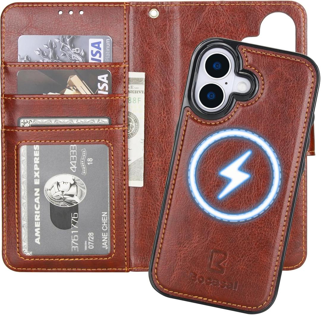 Bocasal for iPhone 17 Wallet Case Compatible with MagSafe Wireless Charging, RFID Blocking Magnetic Leather Case with Card Slots Holder Kickstand Detachable Wrist Strap 6.3 Inch (Brown)