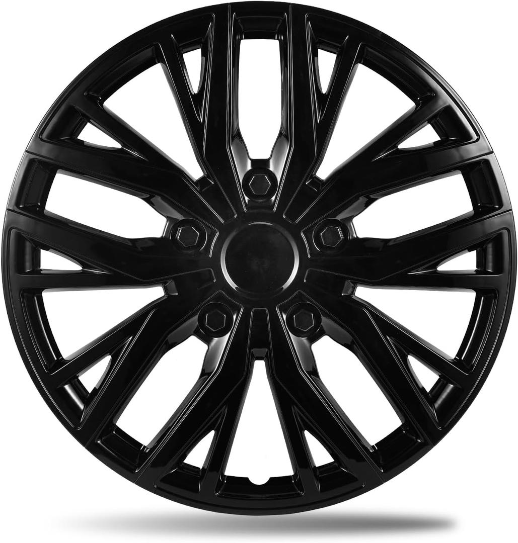 15 Inch Gloss Black Sporty 10-Spoke Design Universal Wheel Covers Hubcaps for Steel Wheels, Set of 4, Patented Adjustable Snap-On Design, Tool-Free Install