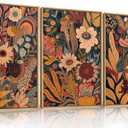 HOURIA Large Orange Flower Framed Canvas Wall Art Set,Boho Mid Century Modern Floral Botanical Wall Decor,Retro Vintage Blossom Artwork,Neutral Plant Art Print for Living Room,Bedroom,Office-16"x24"x3