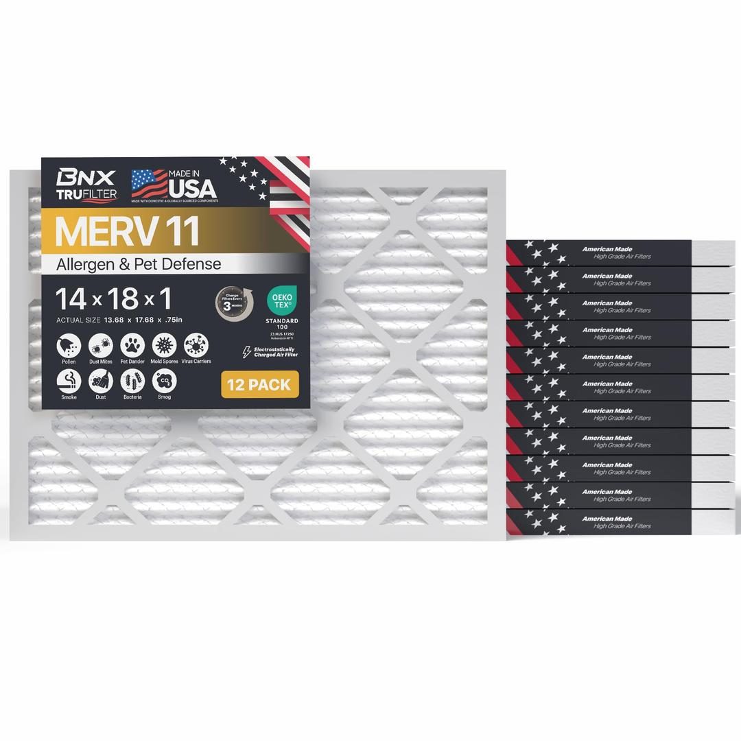 BNX TruFilter 14x18x1 Air Filter MERV 11 (12-Pack - MADE IN USA - Allergen Defense Electrostatic Pleated Air Conditioner HVAC AC Furnace Filters for Allergies, Dust, Pet, Smoke, Allergy MPR 1200 FPR 7