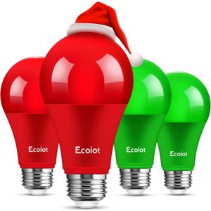 Red and Green Light Bulbs, Outdoor 4 Pack, 9W (60W Equivalent), 120V E26 Base A19 LED Halloween Light Bulb, Colored Bulb, Red and Green Bulbs for Christmas Decoration, Porch, Home Lighting