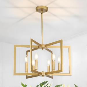 6-Light Gold Chandelier for Dining Room,22in Modern Farmhouse Pendant Light,Geometric Industrial Metal Hanging Light Fixture for Kitchen Island Entryway Foyer Living Room Bedroom