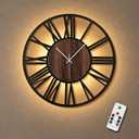 Large Lighted Wood Wall Clock Remote Control, Roman Numeral Modern Decorative Clock with Silent Movement, Battery Operated Clocks for Living Room Decor, 20inch-50cm