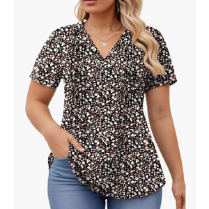 ROSRISS Plus-Size-Womens-Summer-Tops Casual Polo V Neck Work T Shirts Cute Flowy Pleated Blouses Trendy Short Sleeve Tunics 5XL